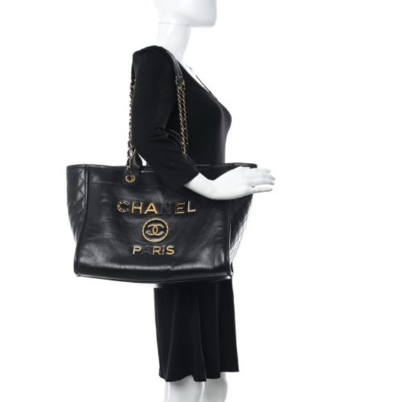 Authentic CHANEL Aged Calfskin Medium Studded Deauville Tote in Black - Picture 2 of 10